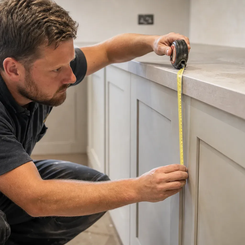 A kitchen fitter crouching beside a freshly laid stone worktop and using a tape measure to verify the front edge overhang is consistent along the full length of a run of neutral painted shaker base cabinets in a bright domestic kitchen