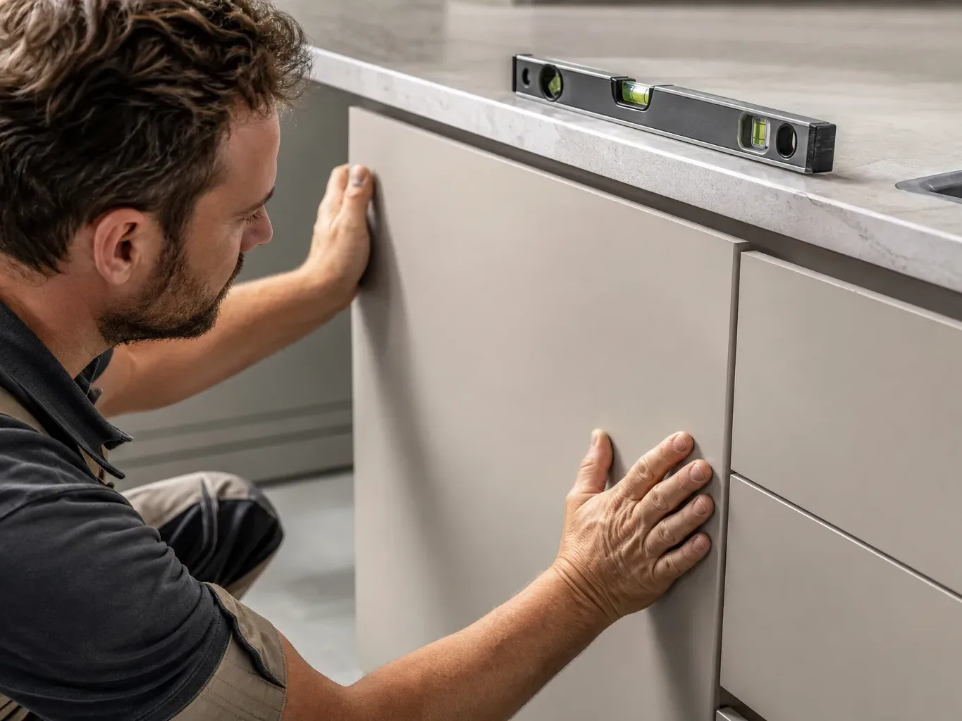 A tradesperson in work clothing aligning the door of an integrated appliance housing with the surrounding handleless cabinet faces and pressing the door firmly to test the push-to-open mechanism while a spirit level rests on the quartz worktop above