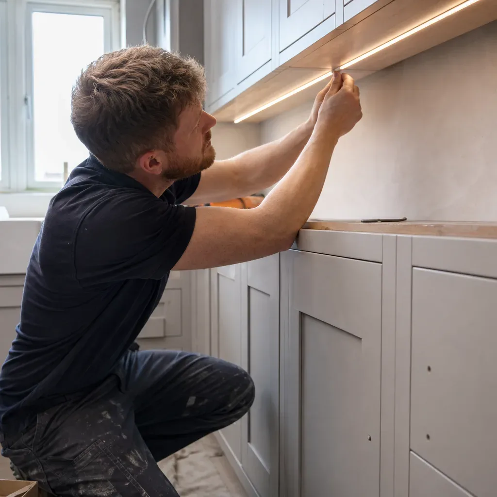 A kitchen fitter crouching at the base of a run of shaker-style cabinets in a neutral painted finish and clipping an LED strip light into the underside of the wall unit above while natural light from the window over the sink fills the mid-renovation kitchen