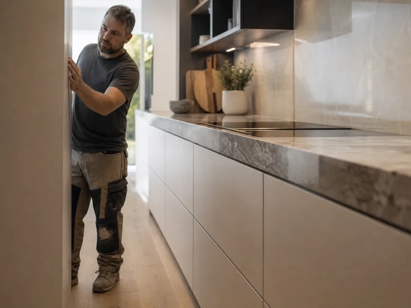 A tradesperson in work trousers standing back from a completed run of handleless base units topped with a stone worktop and comparing the cabinet face plane against an adjacent wall surface by eye in a bright domestic kitchen