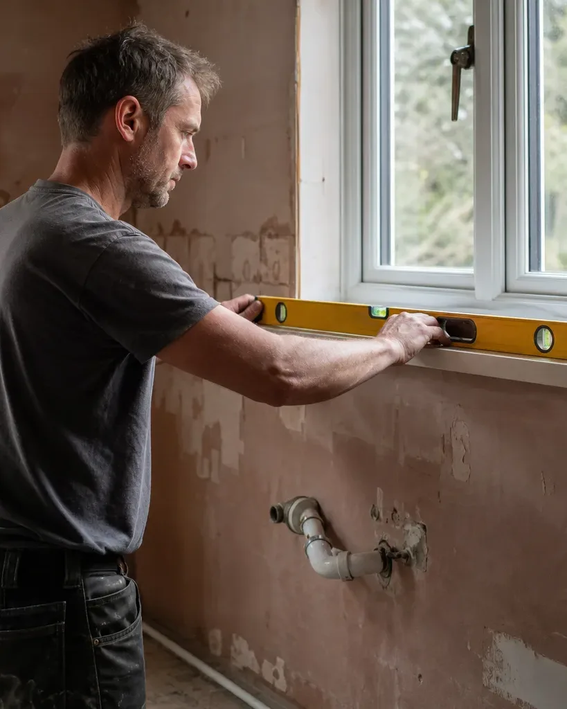 A person uses a spirit level to check the alignment of a window sill in a room undergoing renovation
