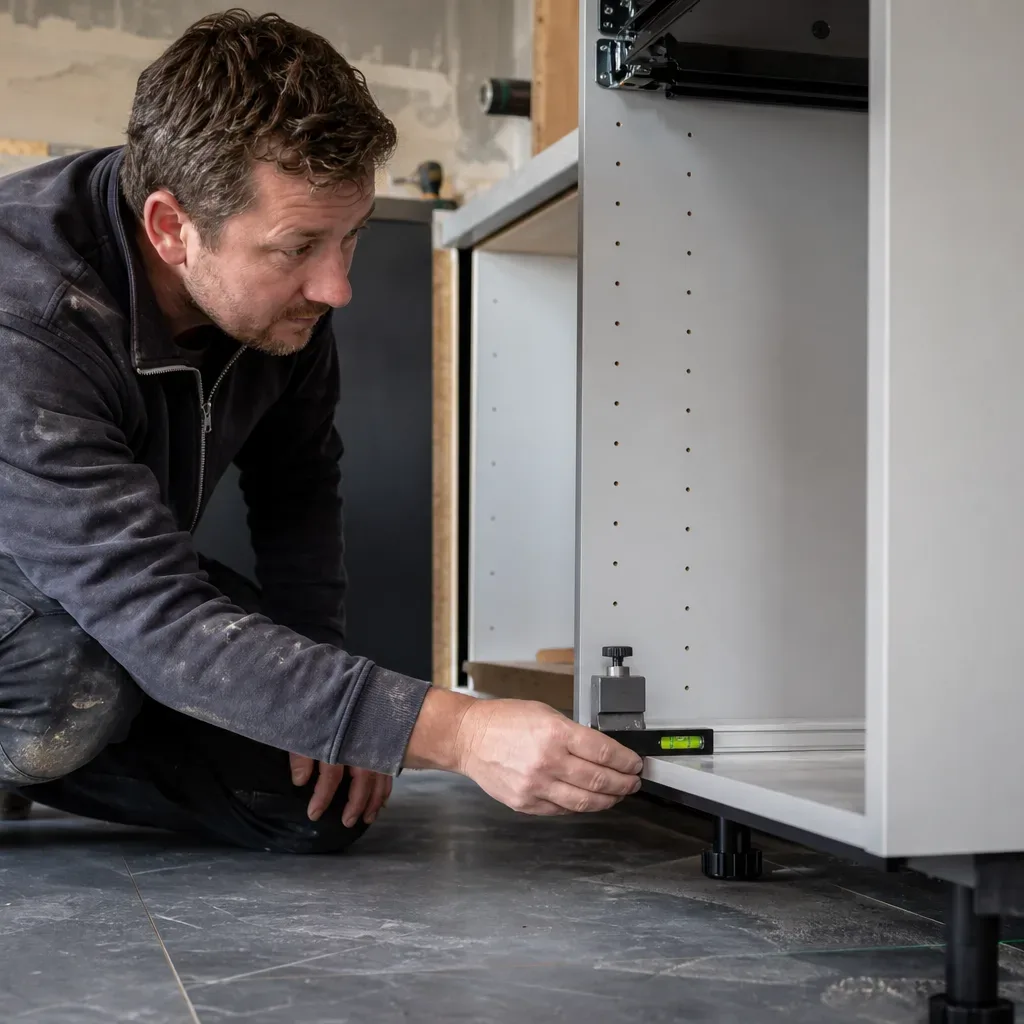 A tradesperson in work clothing crouching beside an open base unit carcass and showing how a cabinet alignment tool seats against the plinth rail to demonstrate the levelling process in a mid-renovation domestic kitchen