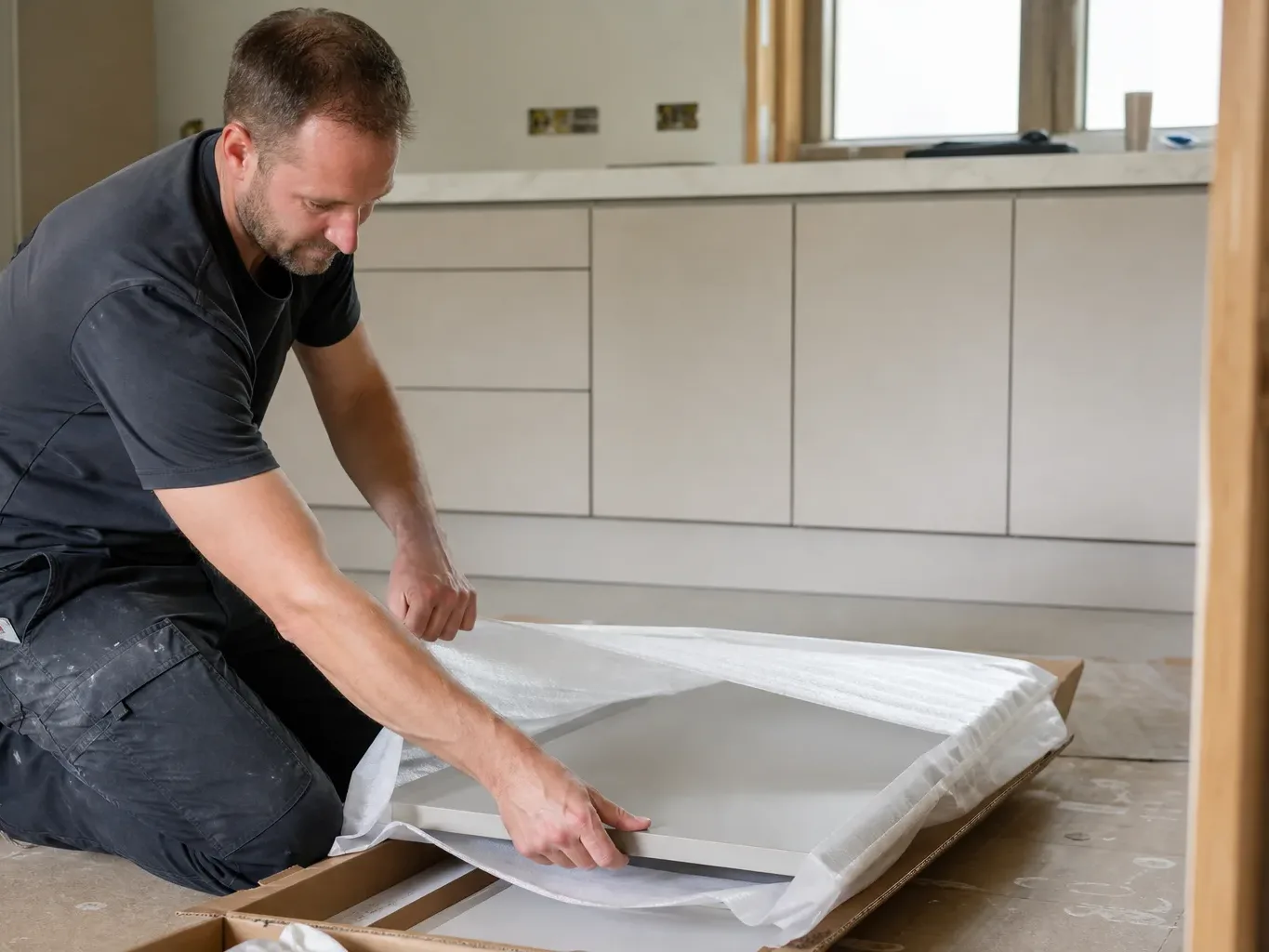 A tradesperson kneels on the floor of a kitchen under renovation, unwrapping a flat cabinet panel from protective packaging
