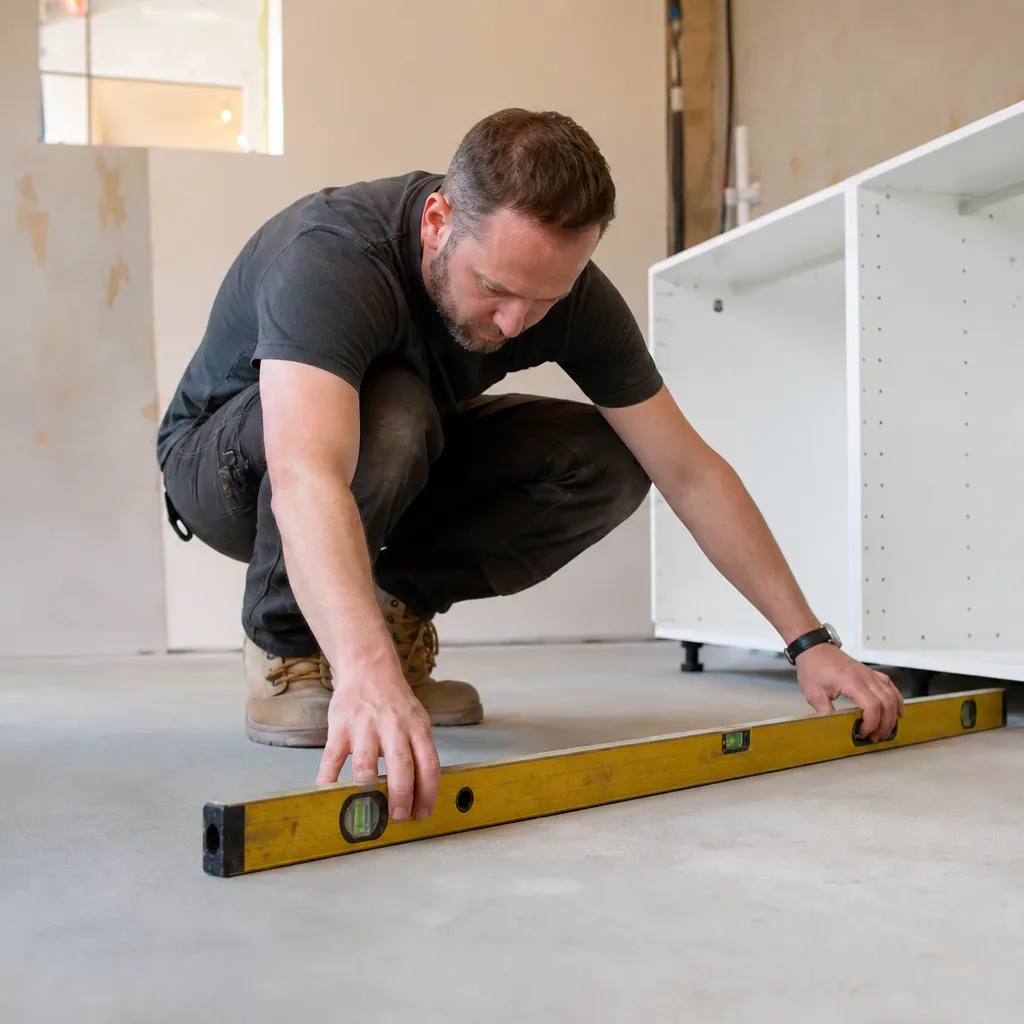A kitchen fitter crouching at floor level in a cleared domestic kitchen and using a long spirit level to transfer a datum line across the floor before placing the first handleless base unit carcass