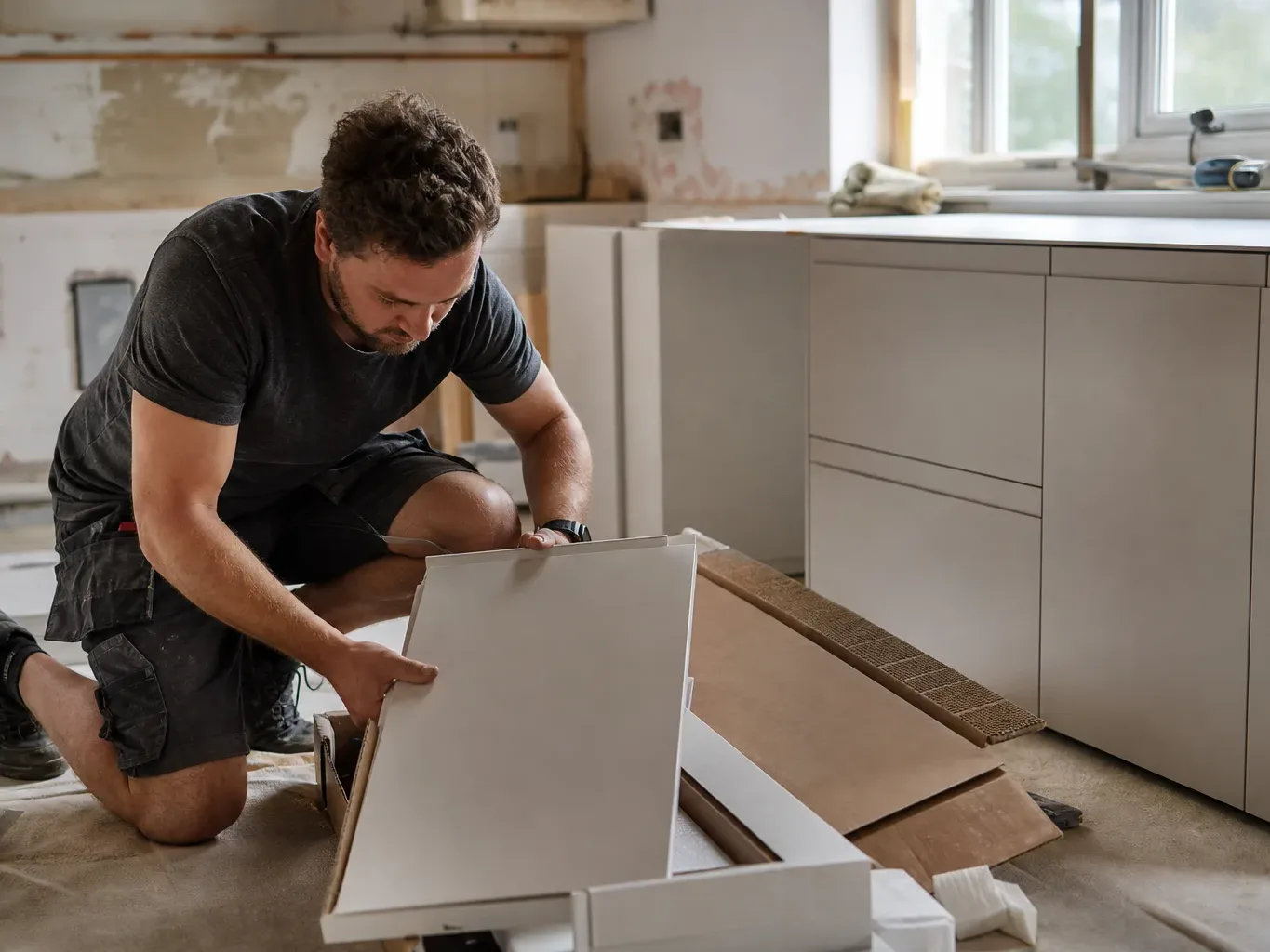 A tradesperson in work clothing unboxing a flat-packed cabinet carcass in a mid-renovation kitchen while a completed row of handleless base units with a quartz worktop already in place stretches along the opposite wall in natural light
