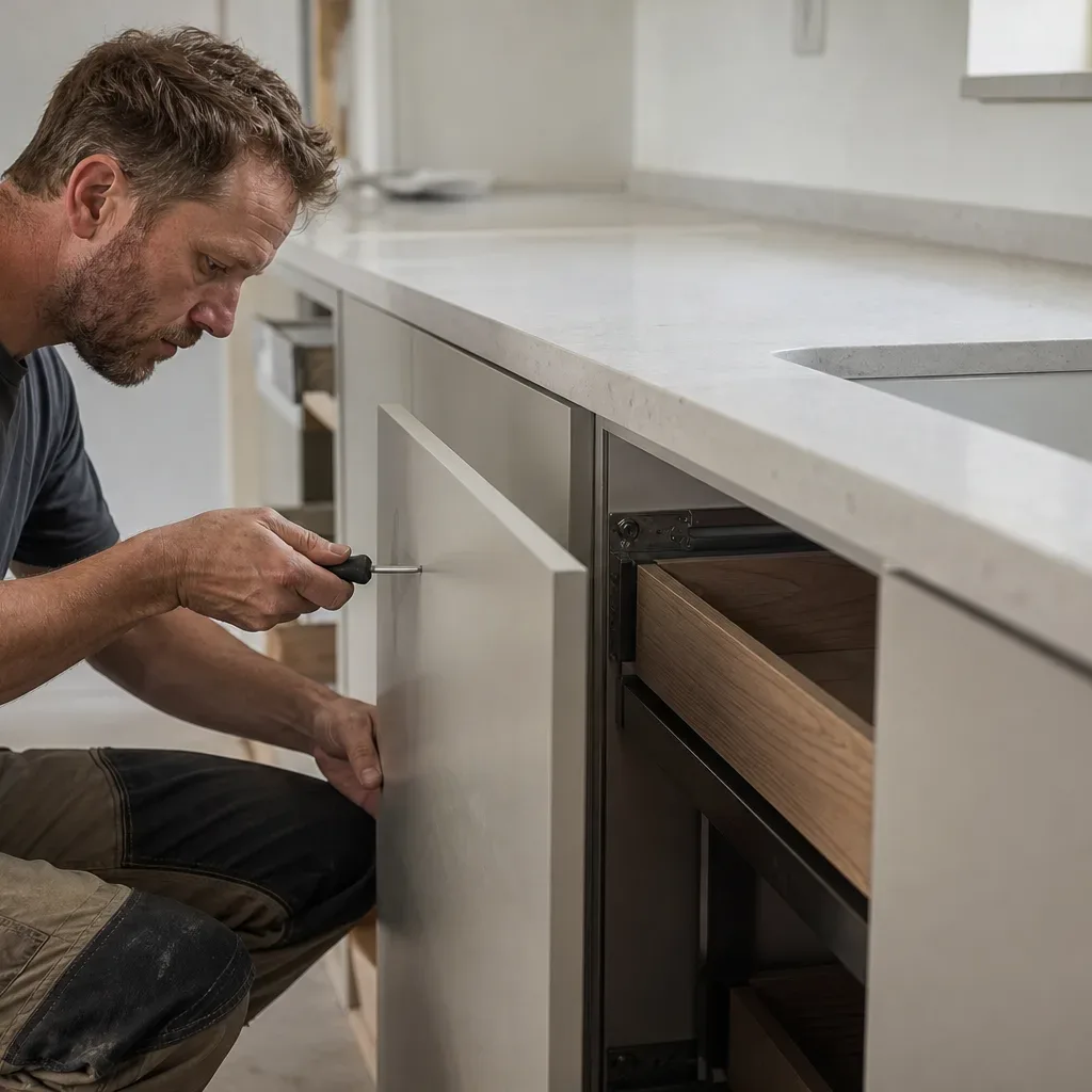 A tradesperson in work trousers attaching a handleless cabinet door to a base unit carcass with a screwdriver while the ceramic undermount sink is already set into the quartz worktop at the far end of the run in a bright domestic kitchen