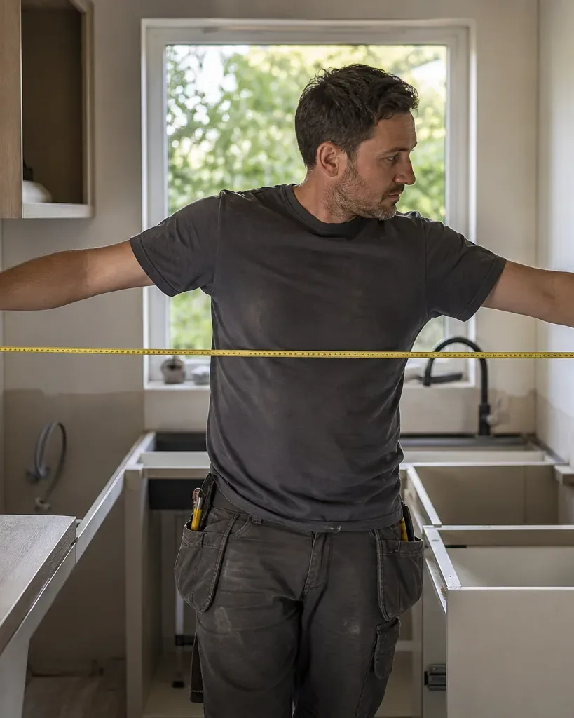 A tradesperson stretches a tape measure across the width of a kitchen under renovation, surrounded by partially installed base units and cabinetry