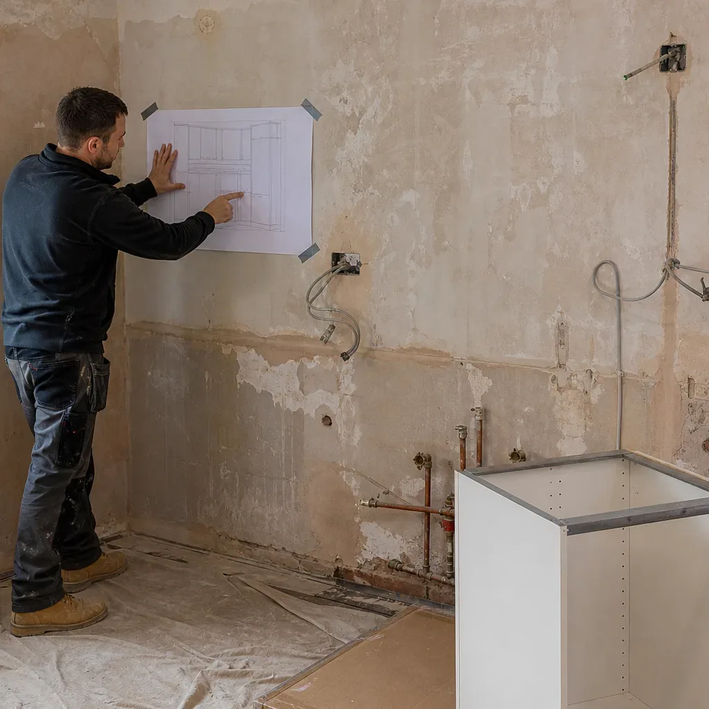A person examines a floor plan taped to a bare plaster wall in a kitchen undergoing renovation, with exposed pipework and a white base unit carcass visible nearby