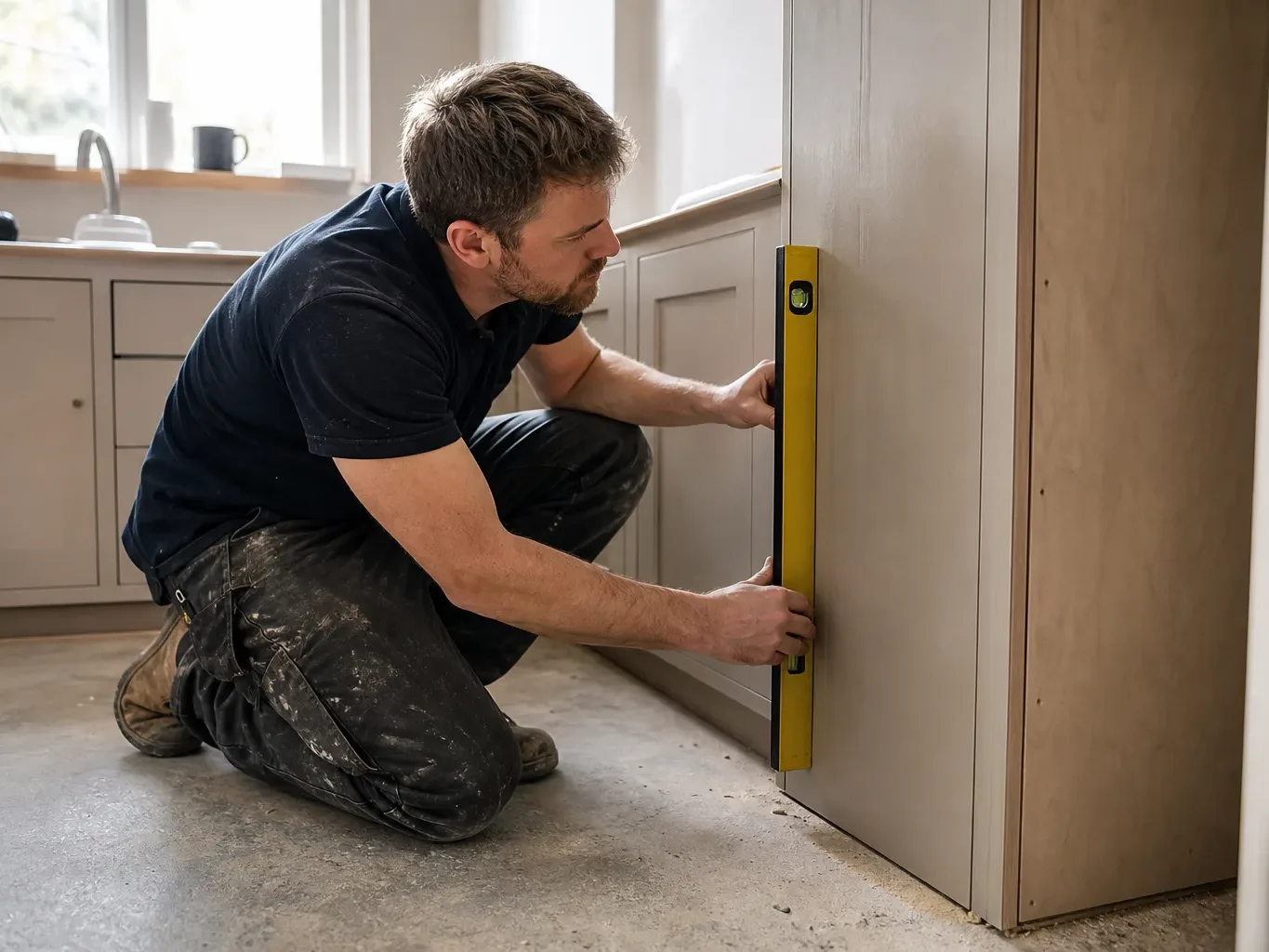 A tradesperson in work trousers crouching at the base of a tall larder unit carcass and checking its plumb with a spirit level pressed vertically against its face while the adjacent run of neutral painted shaker base cabinets is visible behind them in a bright domestic kitchen