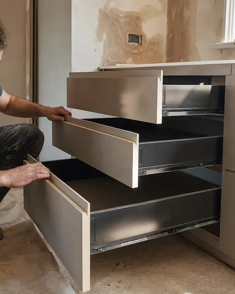 A tradesperson crouches to inspect three open drawers on a grey handleless base unit during a kitchen renovation, with unfinished walls visible behind