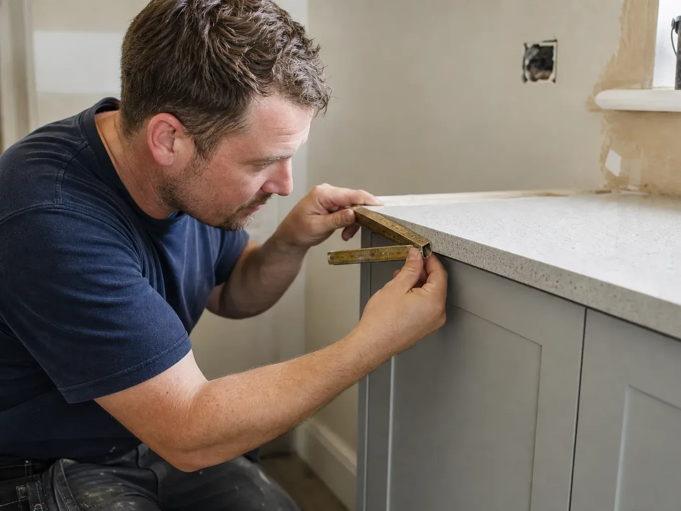 A kitchen fitter setting a quartz worktop section onto a compact run of shaker-style base cabinets in a small bright kitchen and checking the visible edge detail sits proud of the cabinet face by the correct margin using a folding rule