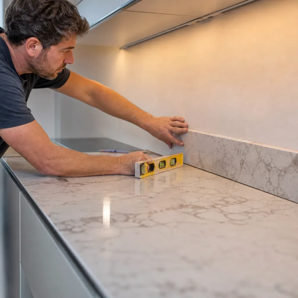 A kitchen fitter pressing a stone upstand panel flat against the wall above a freshly laid worktop on a run of handleless cabinets while checking it sits flush using a spirit level in a bright domestic kitchen