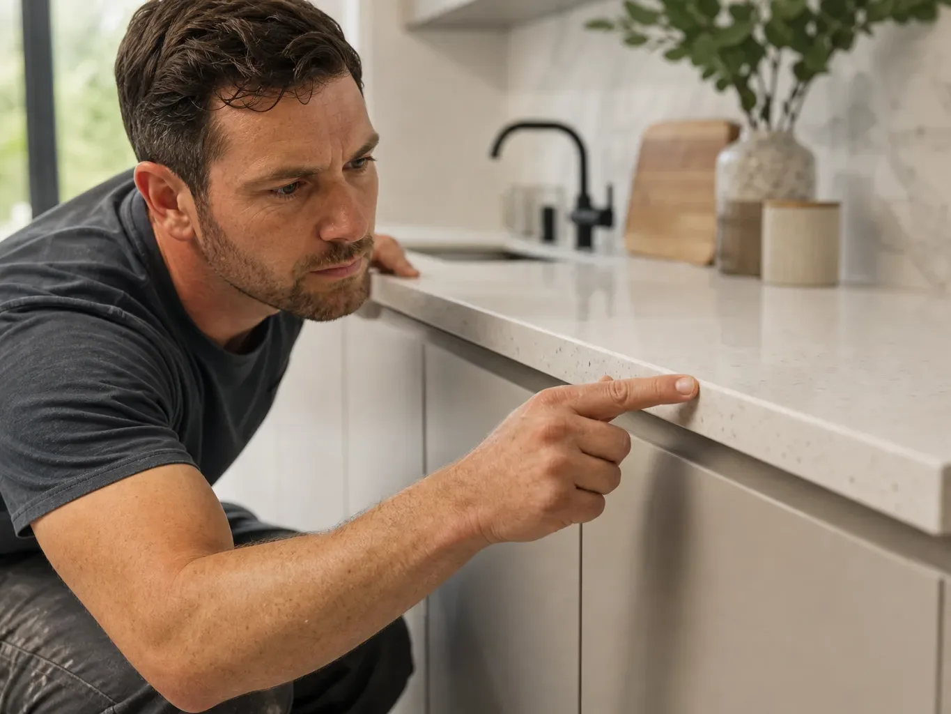A kitchen fitter crouching at the end of a quartz worktop run and running a finger along the polished edge detail to check for any sharp points after cutting while the handleless cabinet doors of the base units below are visible in a bright domestic kitchen