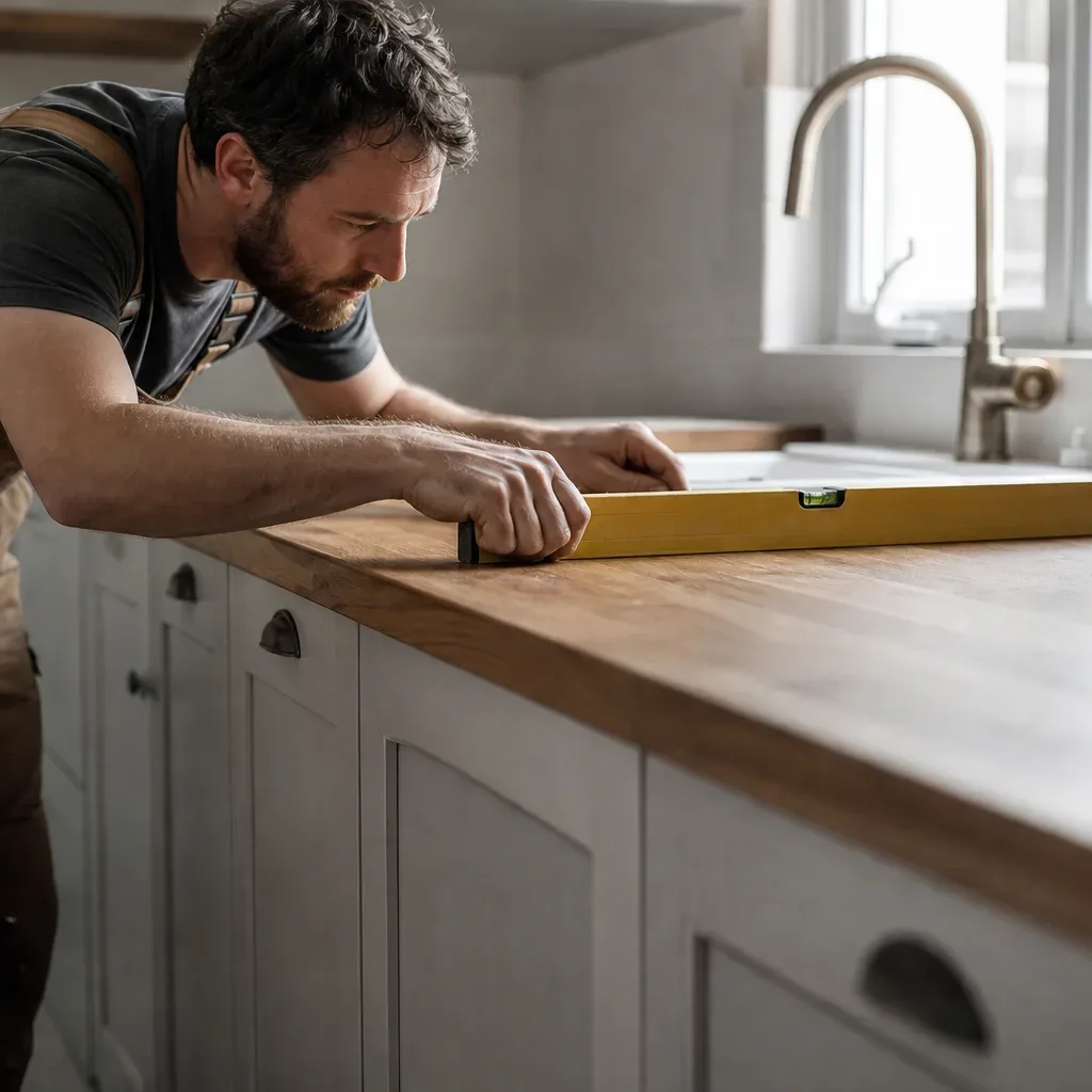 A tradesperson standing at a base unit run and pressing a spirit level along the surface of a solid wood worktop that has just been laid onto freshly installed shaker-style cabinets in a residential kitchen with natural light entering from a window over the sink