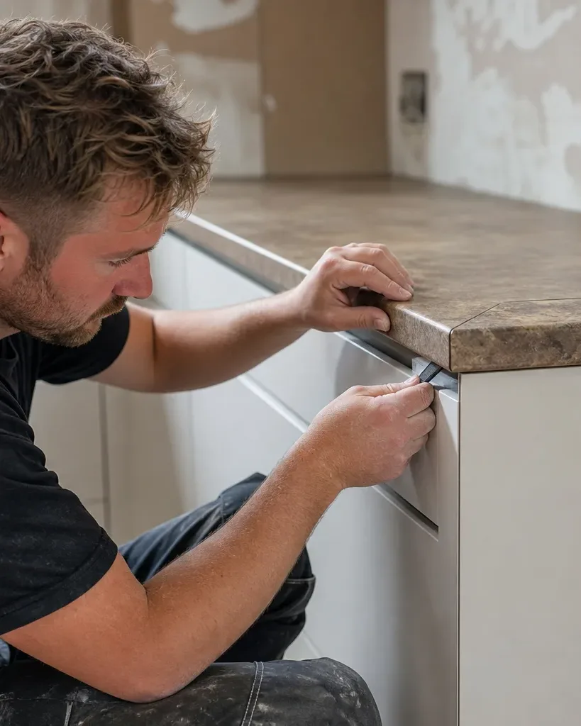 A kitchen fitter crouching at the corner joint of a worktop run and using a seam tool to tighten the mitre between two laminate sections sitting on a run of freshly installed handleless base cabinets in a mid-renovation residential kitchen