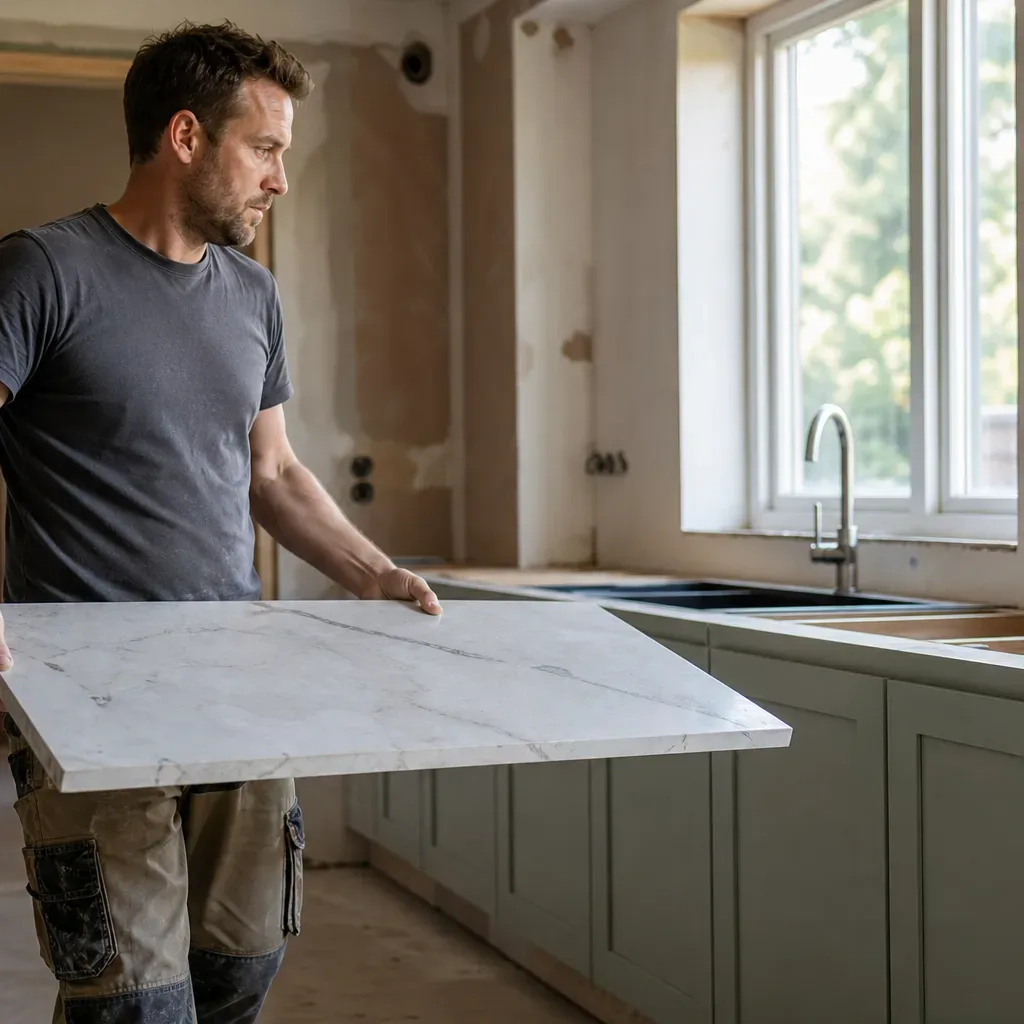 A tradesperson in work trousers carrying a porcelain slab worktop section across a mid-renovation residential kitchen toward a run of newly installed shaker-style base units while natural light from the window above the sink illuminates the room