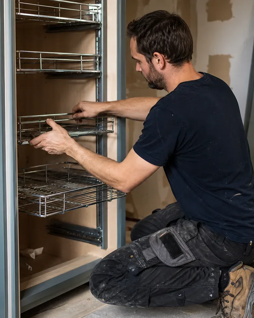 A tradesperson kneels on the floor to fit wire pull-out baskets into a tall painted kitchen cabinet during a home renovation