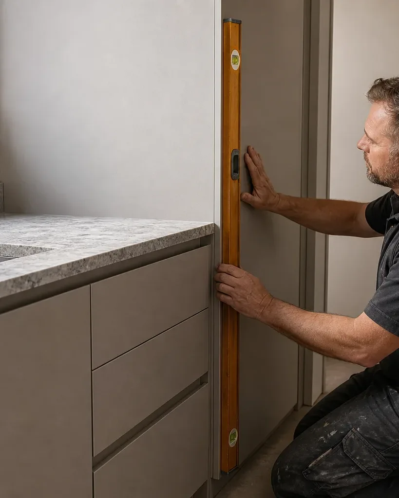 A kitchen fitter pressing a full-height larder carcass into the end position of a run of handleless base units and checking the side of the tall unit is flush with the cabinet faces using a spirit level while natural light from a window above the sink falls across the stone worktop