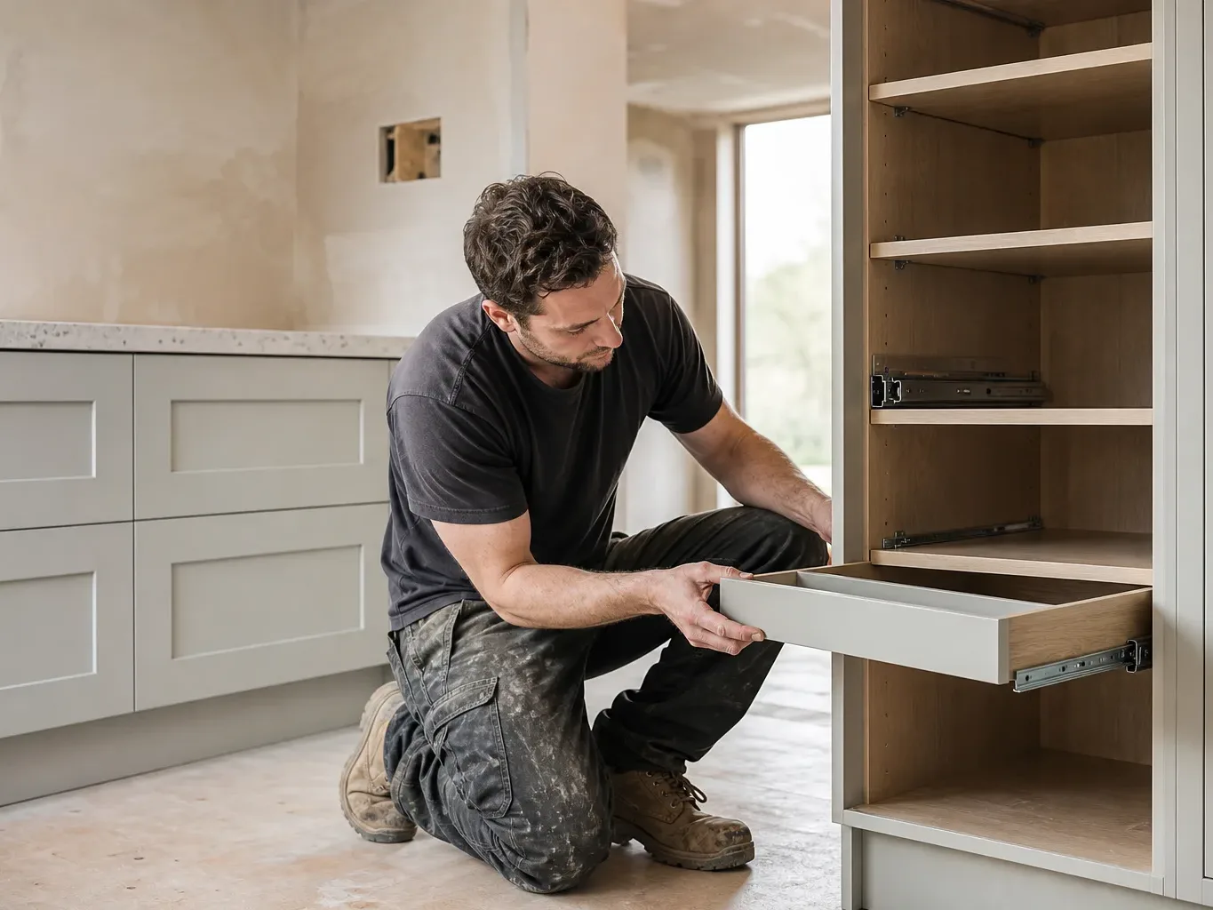 A tradesperson kneels on a bare concrete floor fitting a drawer into a tall cabinet unit during a kitchen renovation