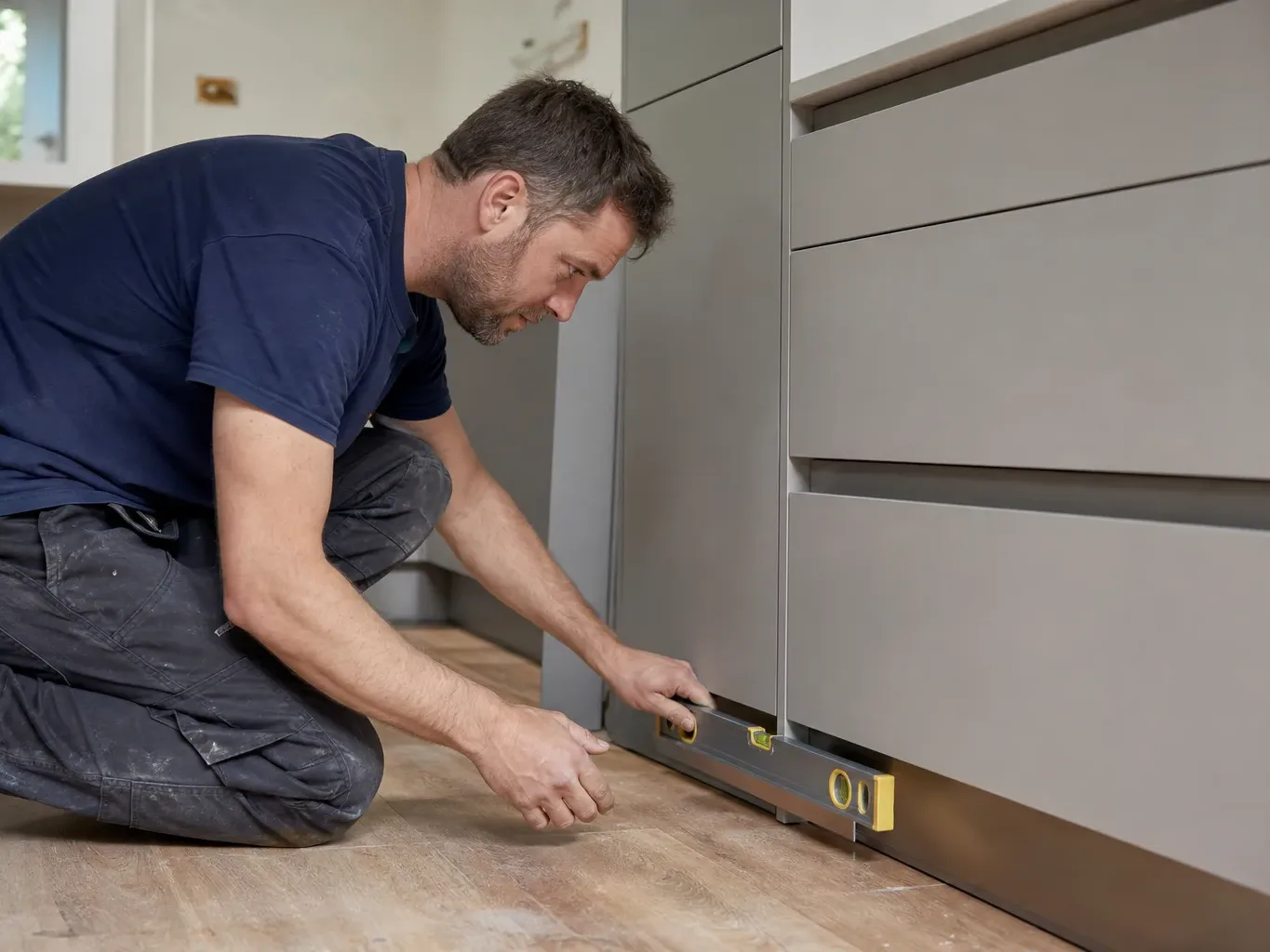 A kitchen fitter crouching at the base of a tall larder unit and pressing a cabinet alignment tool across the plinth of the larder and the neighbouring handleless base unit to confirm they sit at the same height in a bright residential kitchen mid-renovation