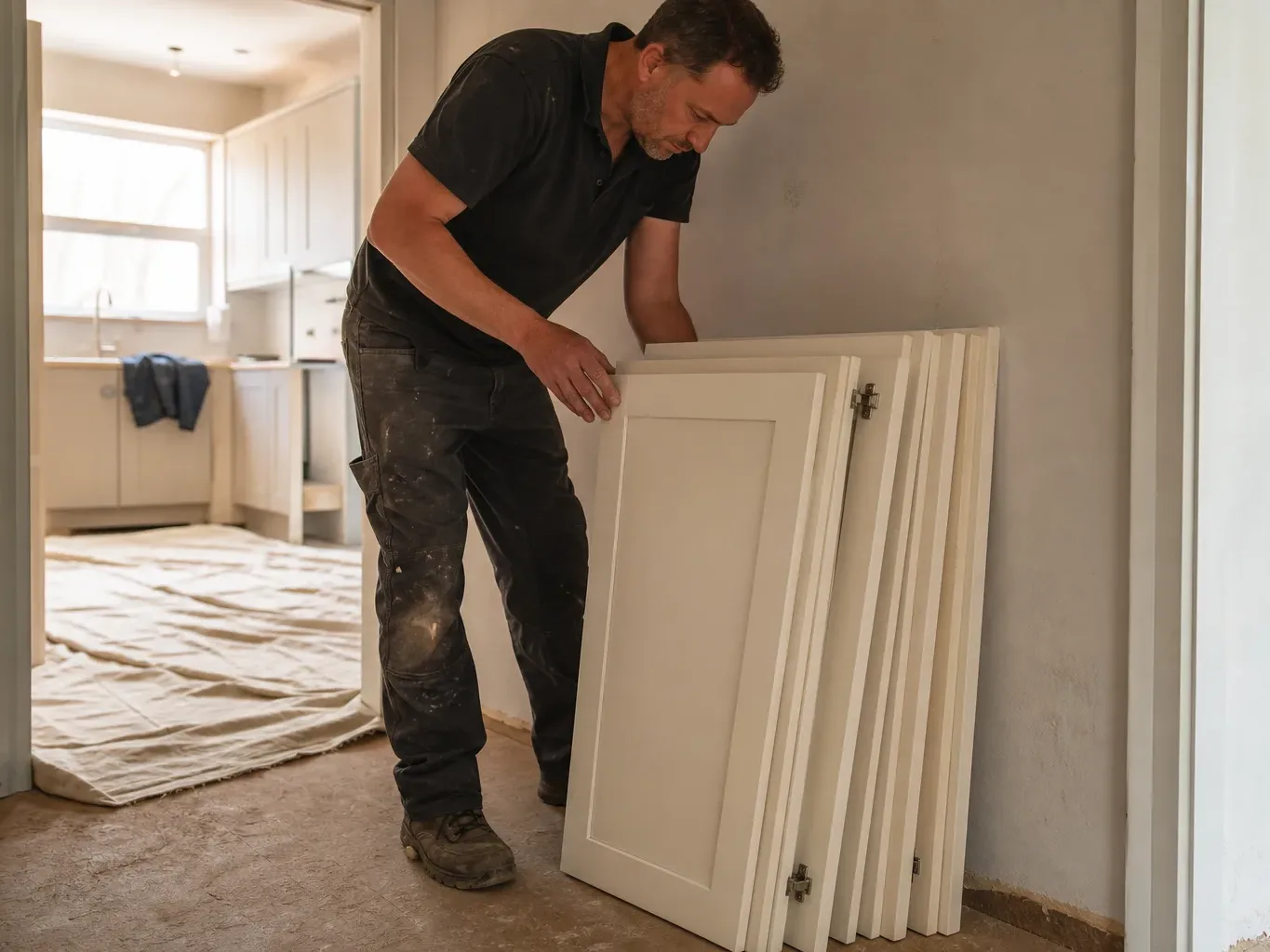 A tradesperson in paint-stained work clothes handles a stack of white shaker-style cabinet doors leaning against a wall, with a partially fitted kitchen visible through a doorway behind them