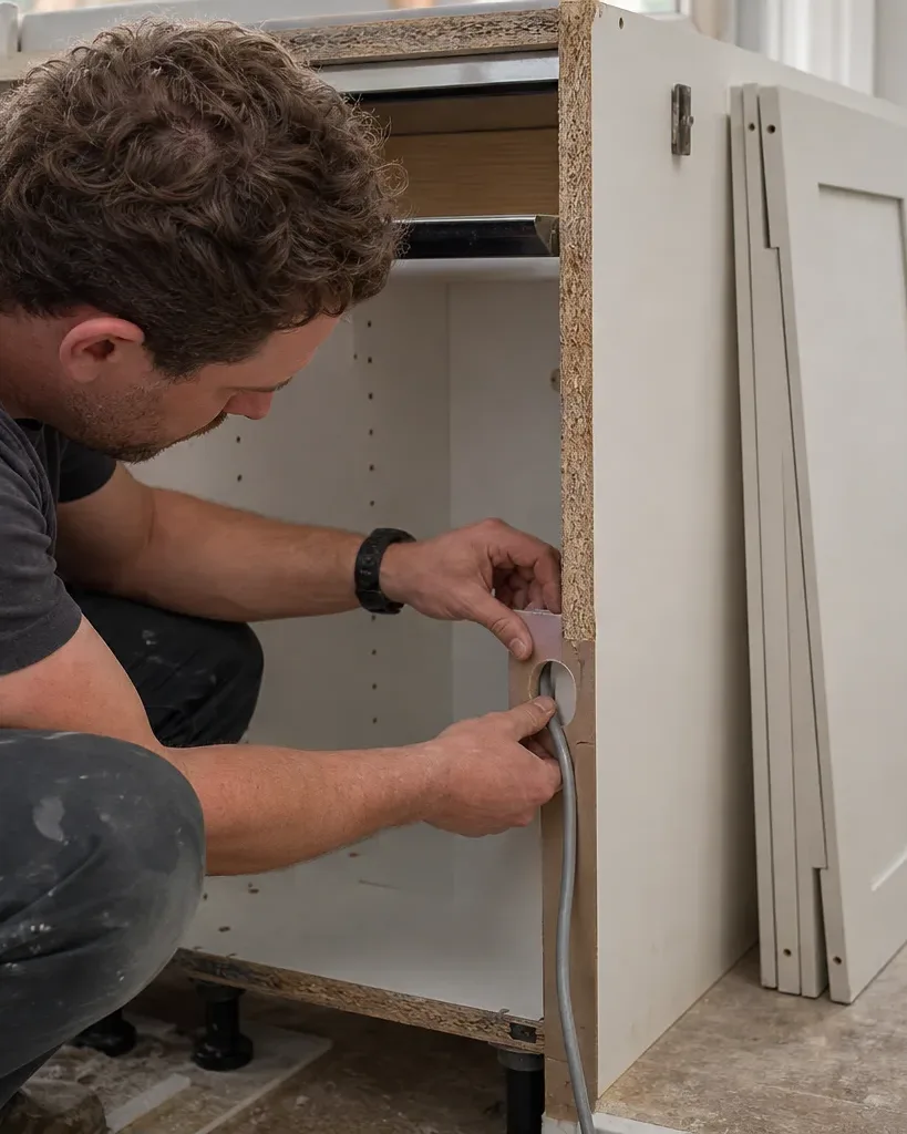 A person crouches to work on a cable inside an open base cabinet unit, with several grey painted cabinet doors leaning against the units nearby