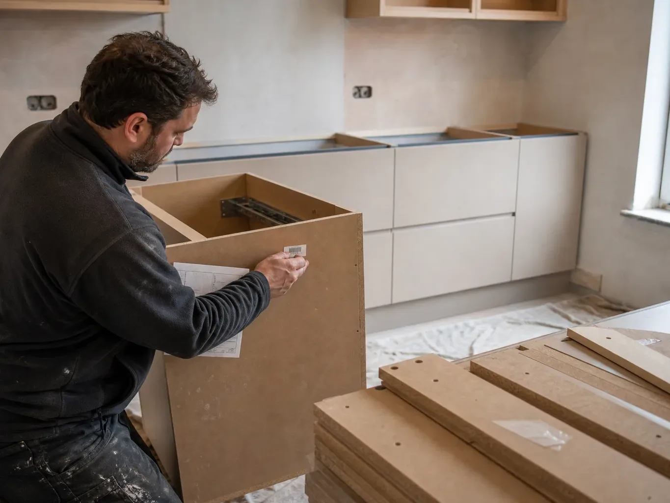 A tradesperson crouches to inspect a flat-pack cabinet carcass while partially assembled handleless base units line the wall of a kitchen under renovation