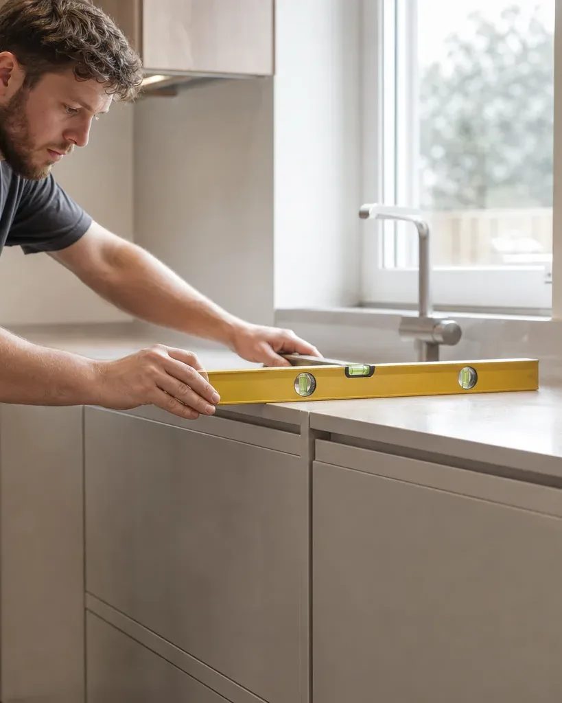 A kitchen fitter standing beside a run of completed neutral handleless base cabinets and placing a spirit level across two adjacent cabinet tops to compare their heights in a bright domestic kitchen with a window above the sink area