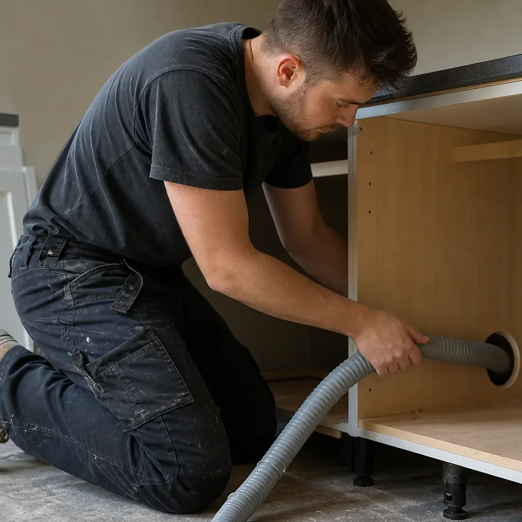 A person kneels on a concrete floor feeding a corrugated hose through the base of a newly fitted kitchen cabinet carcass