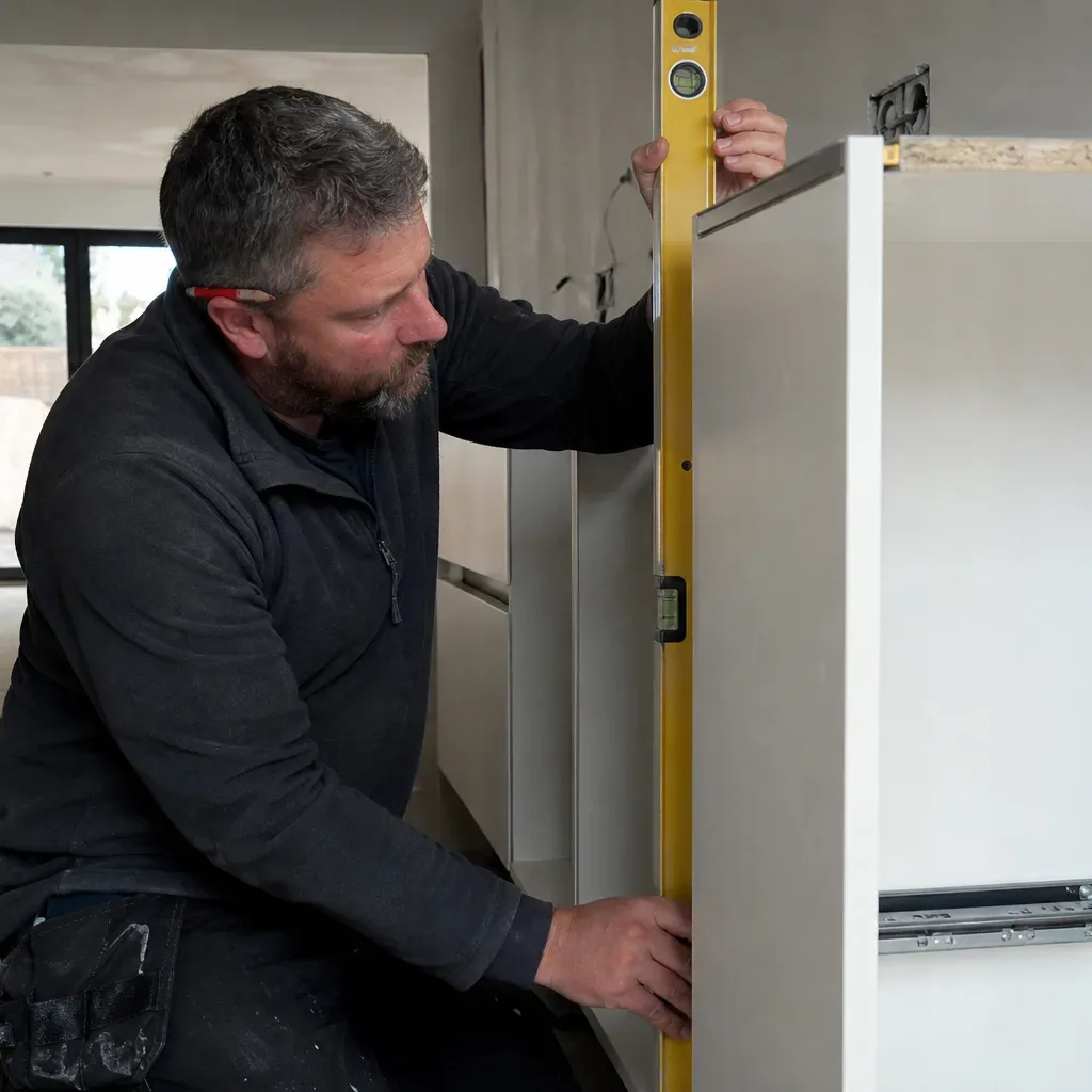 A kitchen fitter standing in a partially cleared open-plan ground floor and holding a spirit level vertically against the first carcass of a new handleless kitchen run to establish a plumb reference line before fixing it to the wall