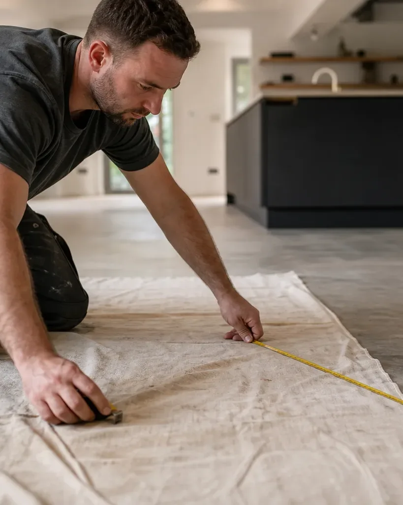 A tradesperson kneels on a concrete floor measuring a length of fabric underlay with a tape measure in an open-plan home undergoing renovation