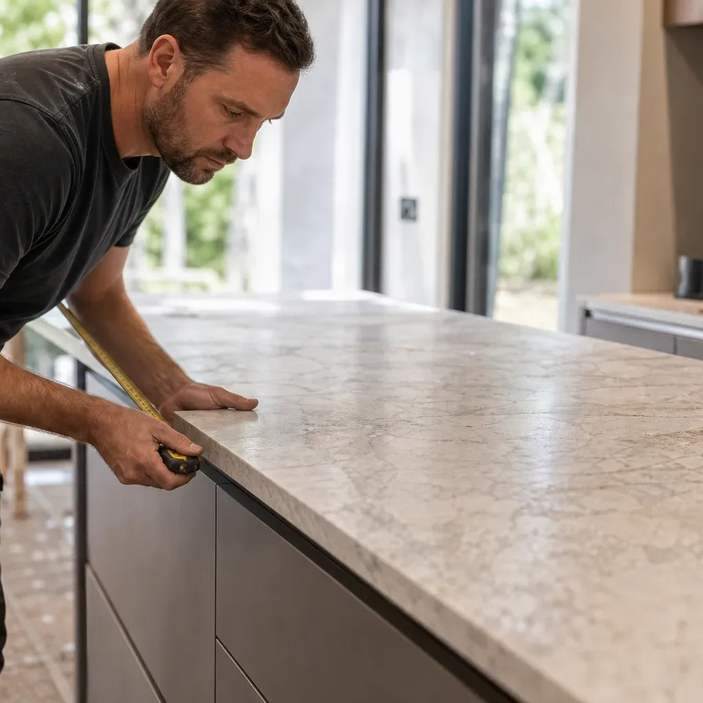 A kitchen fitter guiding a wide porcelain slab worktop into position across a run of handleless base units in a bright open-plan kitchen while checking the front edge overhang with a tape measure and the natural window light catches the stone surface