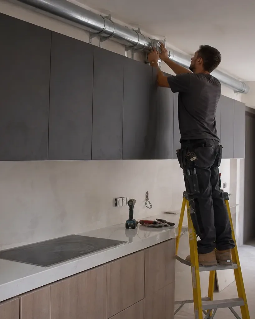A person stands on a yellow stepladder fitting ductwork above a row of dark handleless upper cabinets in a kitchen under renovation