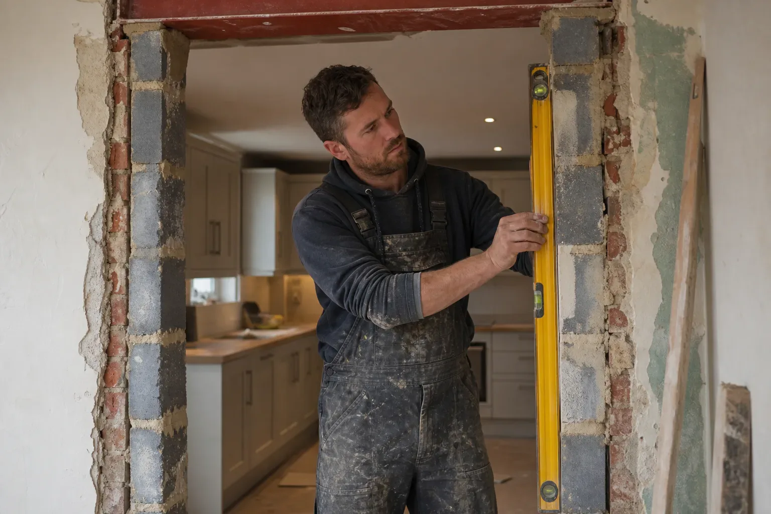 A tradesperson in paint-stained dungarees holds a spirit level against the exposed brick edge of a doorway opening into a kitchen under renovation