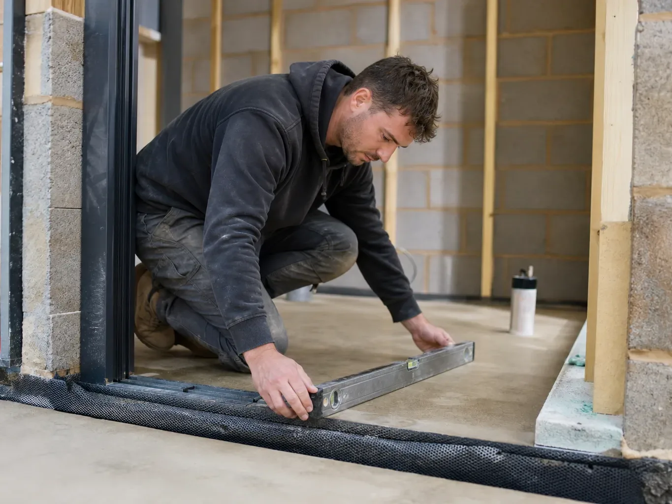 A worker kneels on a concrete floor in an unfinished building interior, using a spirit level to check alignment along a door threshold