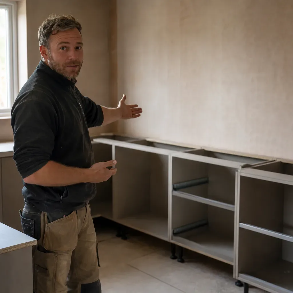 A person in work clothing gestures towards a row of newly installed open base cabinet carcasses in a kitchen under renovation