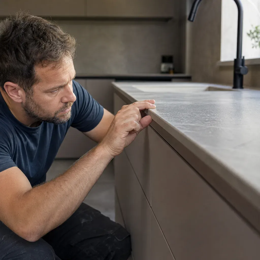 A kitchen fitter crouching beside a run of handleless cabinets and pressing a fingernail against the surface of a porcelain worktop to test its hardness while natural light from a window above the sink falls across the stone edge detail