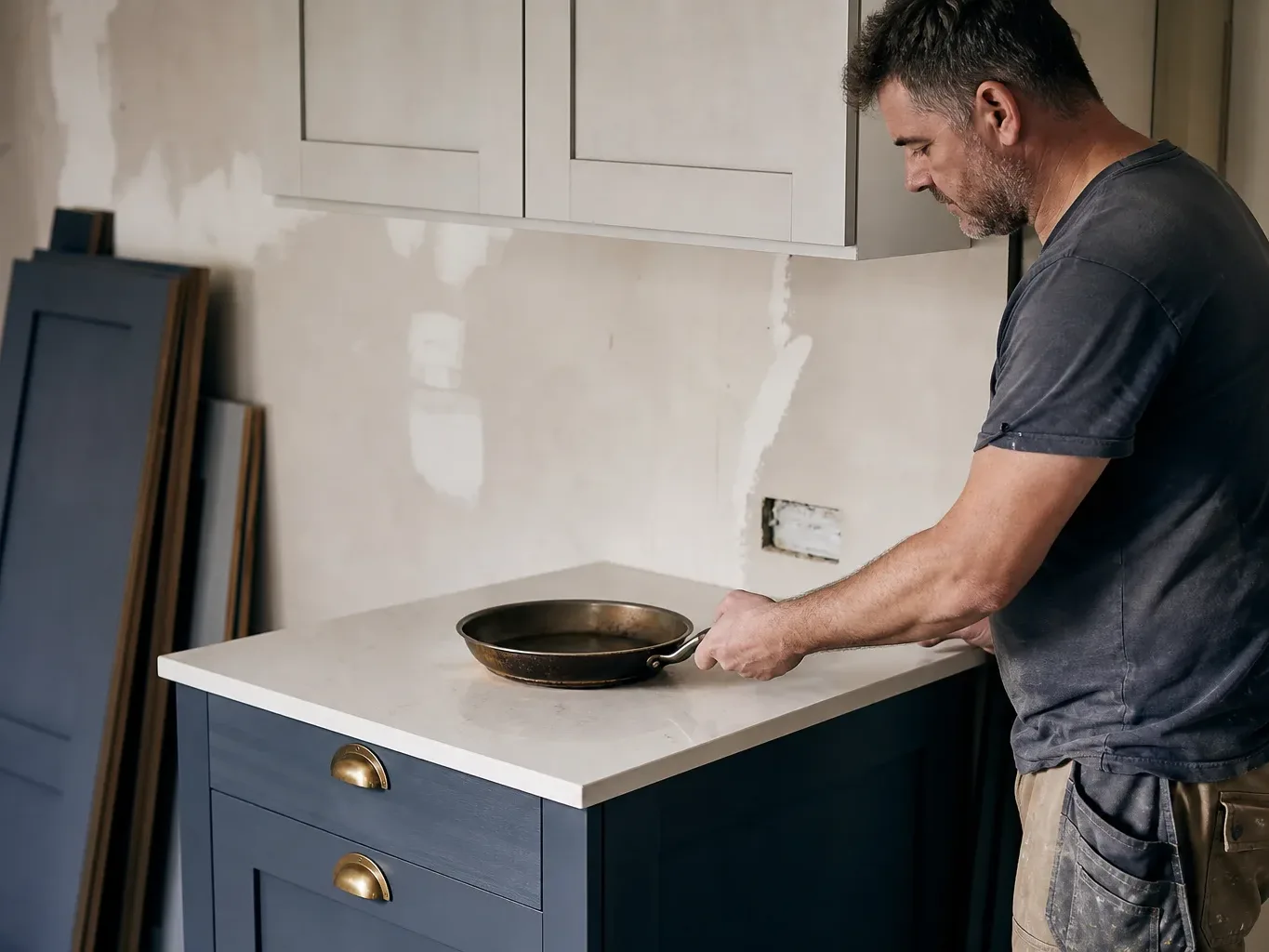 A person in work clothing places a dark metal frying pan on a light stone worktop in a kitchen mid-renovation, with navy blue shaker-style cabinets fitted below and unpainted walls behind