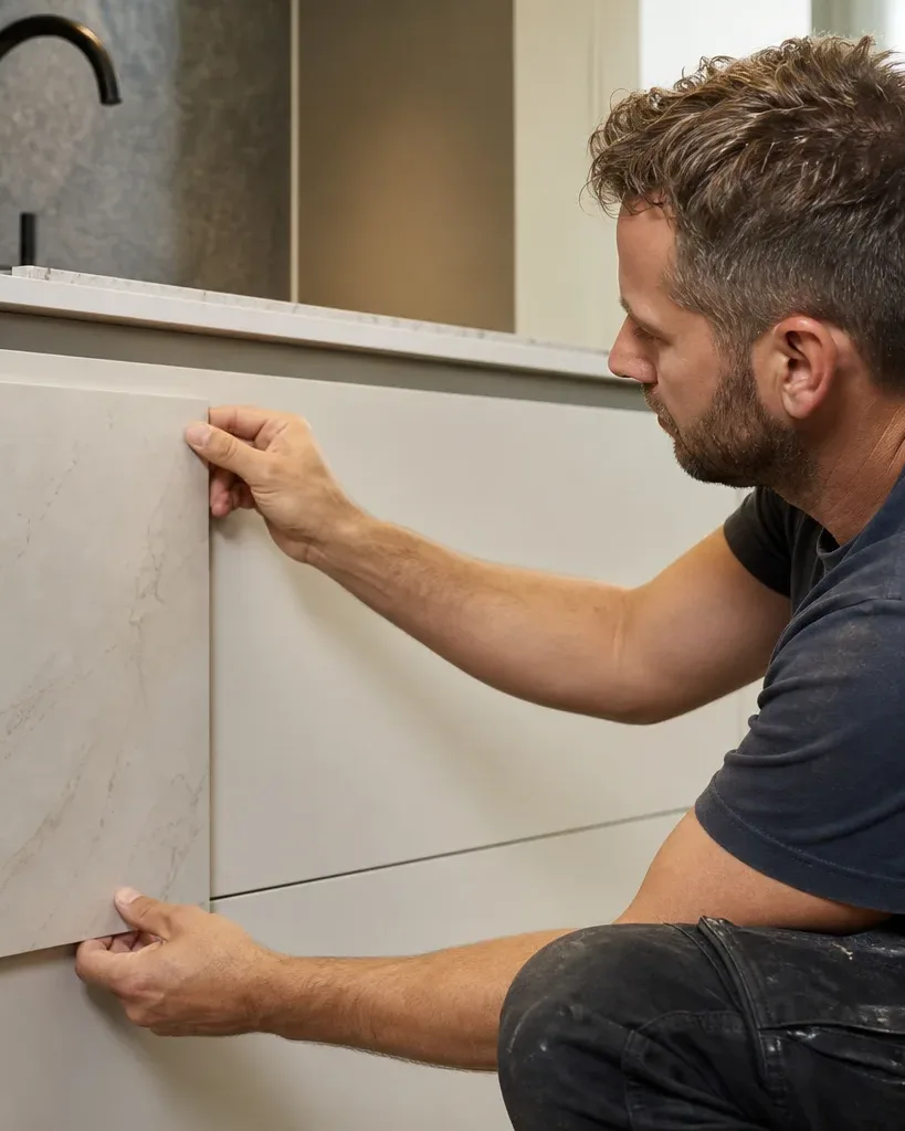 A person crouches to position a marble-effect tile or panel against the front of a handleless base unit in a domestic kitchen