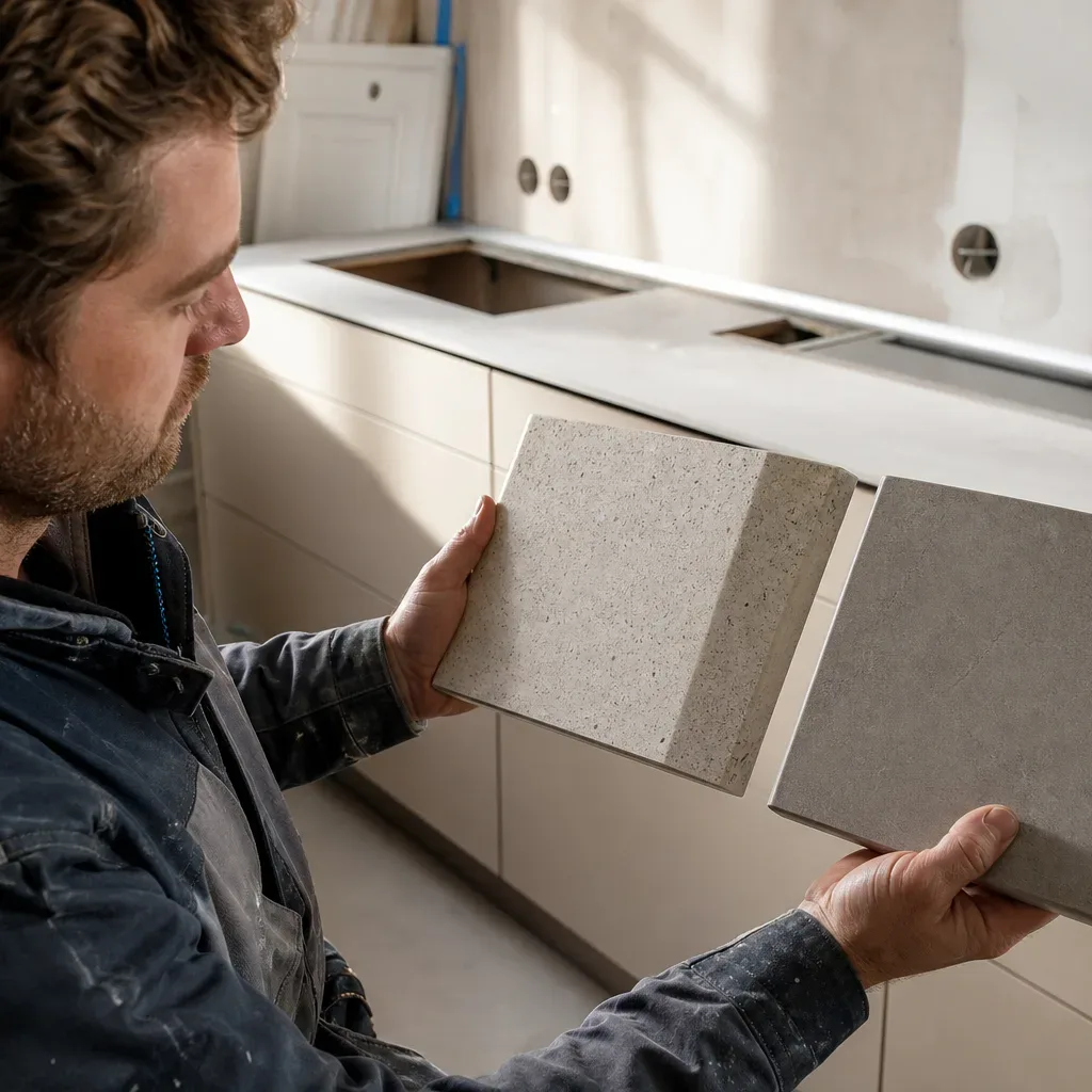 A tradesperson in work clothing holding two worktop edge samples side by side above a run of neutral handleless cabinets in a bright mid-renovation kitchen to compare the visible surface texture of each