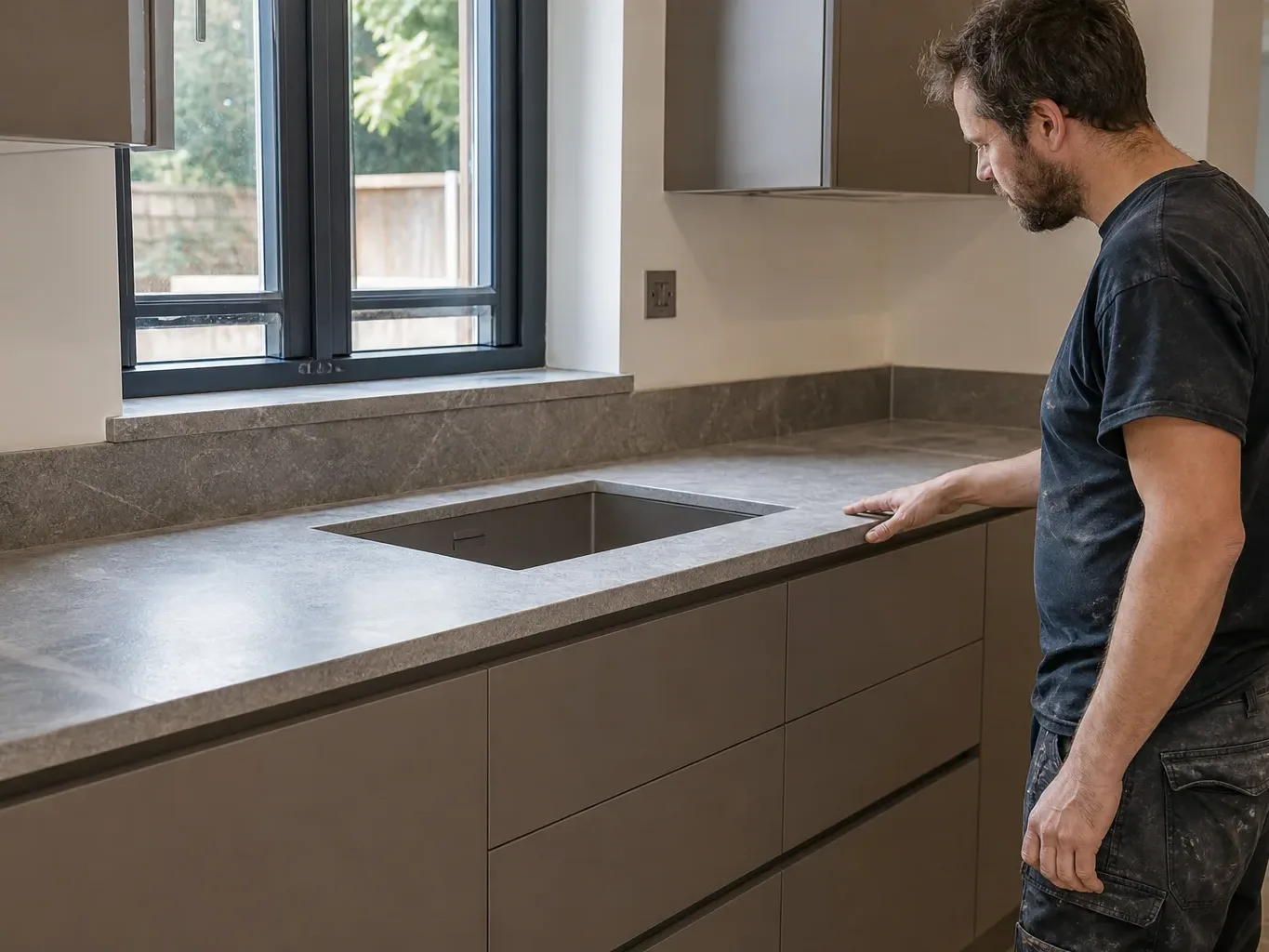 A kitchen fitter standing back from a completed run of handleless base units topped with a stone worktop and inspecting the front edge overhang while the undermount sink sits flush in its cutout beneath the window