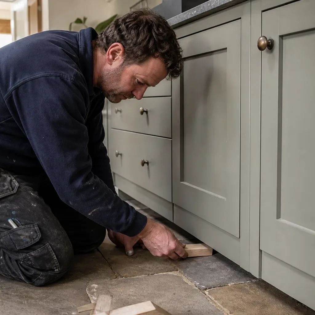 A tradesperson in work clothing kneeling beside a run of muted painted shaker cabinets and pressing a wooden shim beneath a base unit to account for an uneven stone floor in a period residential kitchen