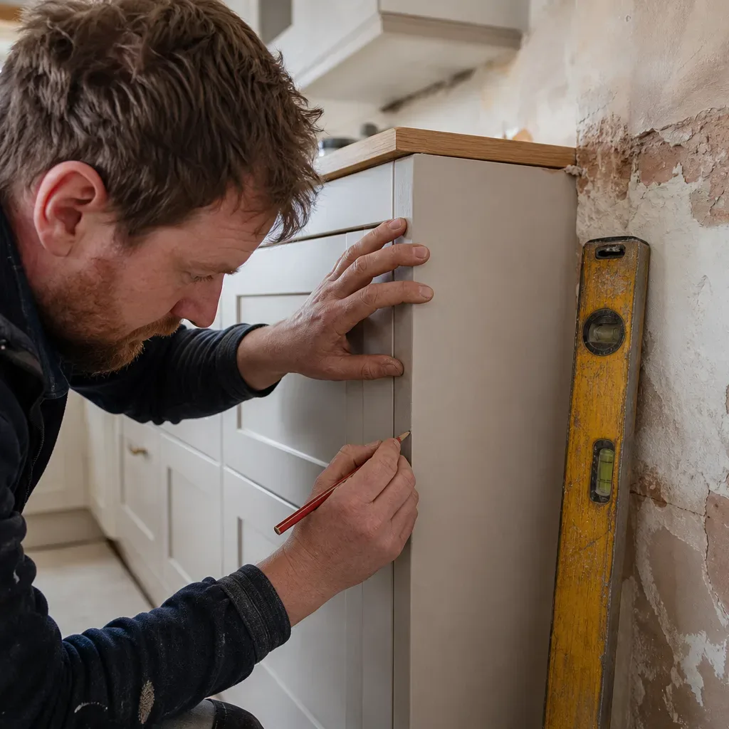A kitchen fitter scribing the side panel of a shaker-style cabinet against a rough unplastered wall in a mid-renovation domestic kitchen while a spirit level rests against the adjacent unit