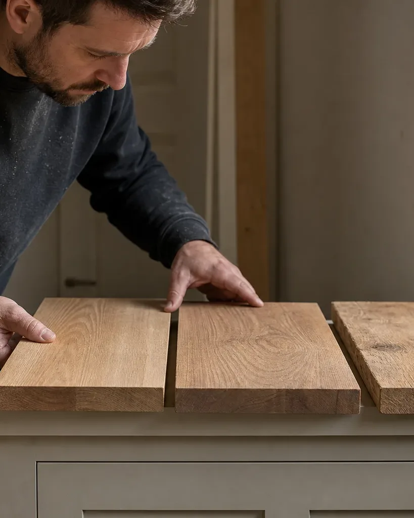 A person in dusty work clothing leans over a kitchen island, examining and arranging three oak timber boards on its surface