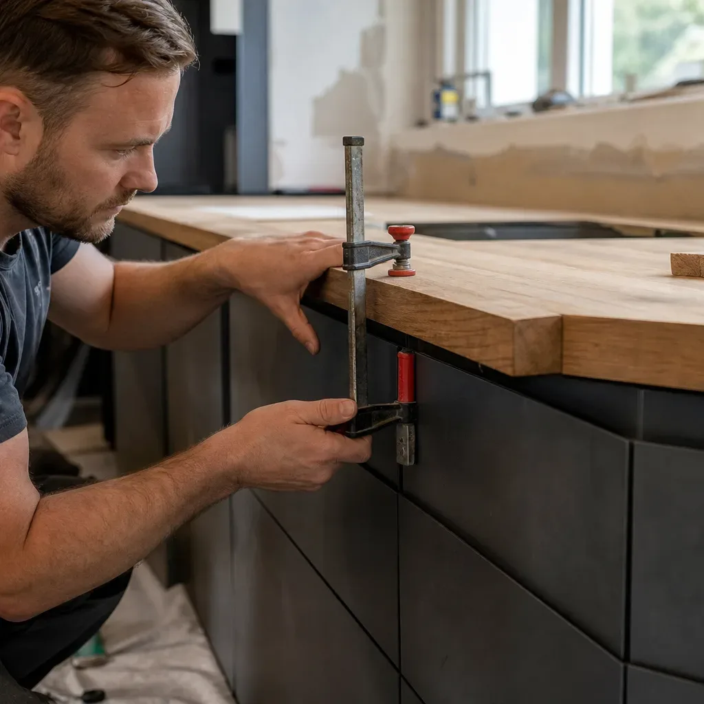 A person uses a clamp to secure a wooden worktop to dark handleless base cabinets during a kitchen installation
