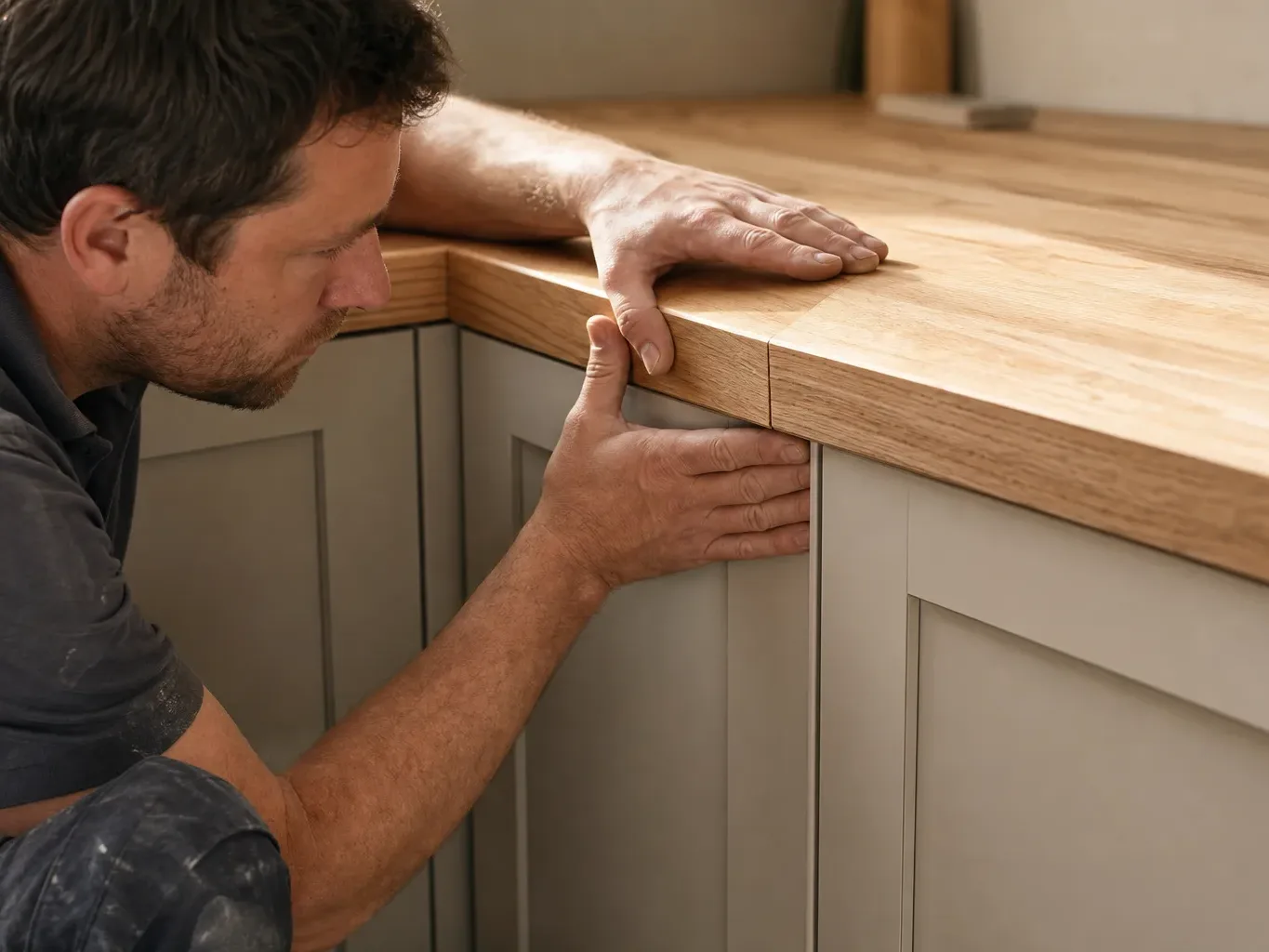 A kitchen fitter crouching at the corner junction of two solid wood worktop sections set into a run of neutral shaker base cabinets and pressing the mitre join together firmly while natural light catches the timber grain