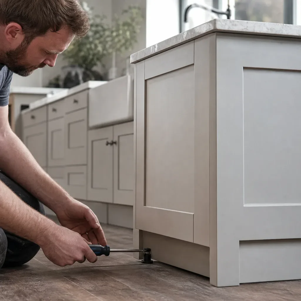 A tradesperson in work clothing tightening the leg leveller on a shaker-style base unit with a screwdriver while the completed cabinet run behind them shows freshly hung doors in a neutral painted finish and a ceramic undermount sink already set into the stone worktop