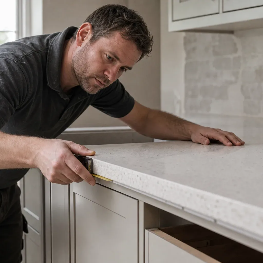 A kitchen fitter guiding a quartz worktop section carefully onto a run of shaker-style base cabinets in a painted neutral finish while checking the front edge overhang with a tape measure and the visible stone edge detail catches the natural window light