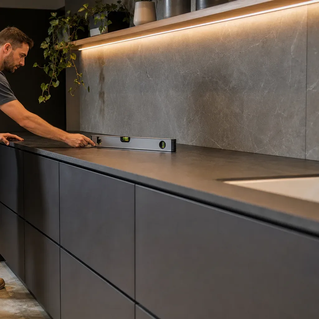 A tradesperson in work trousers standing at the end of a long completed run of handleless cabinets and pressing a spirit level along the top surface to confirm the full run is level while the ceramic undermount sink set into the worktop is visible at the far end of the residential kitchen